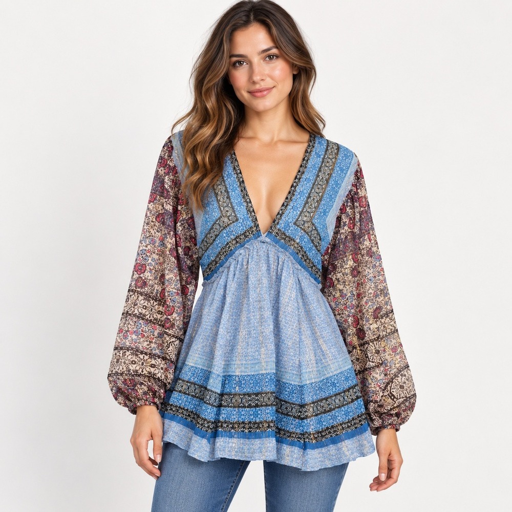 Free People Tunic Top Blue Floral Metallic Gold Stripe Boho Small